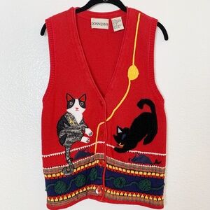 Vintage Donnkenny Sweater Vest Knitted Cats Mice Yarn Medium Red Whimsical
